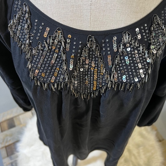 EUC [Rebecca Taylor] Black SILK Silver Beaded Batwing Tunic Blouse | 6 · Small - Picture 3 of 13